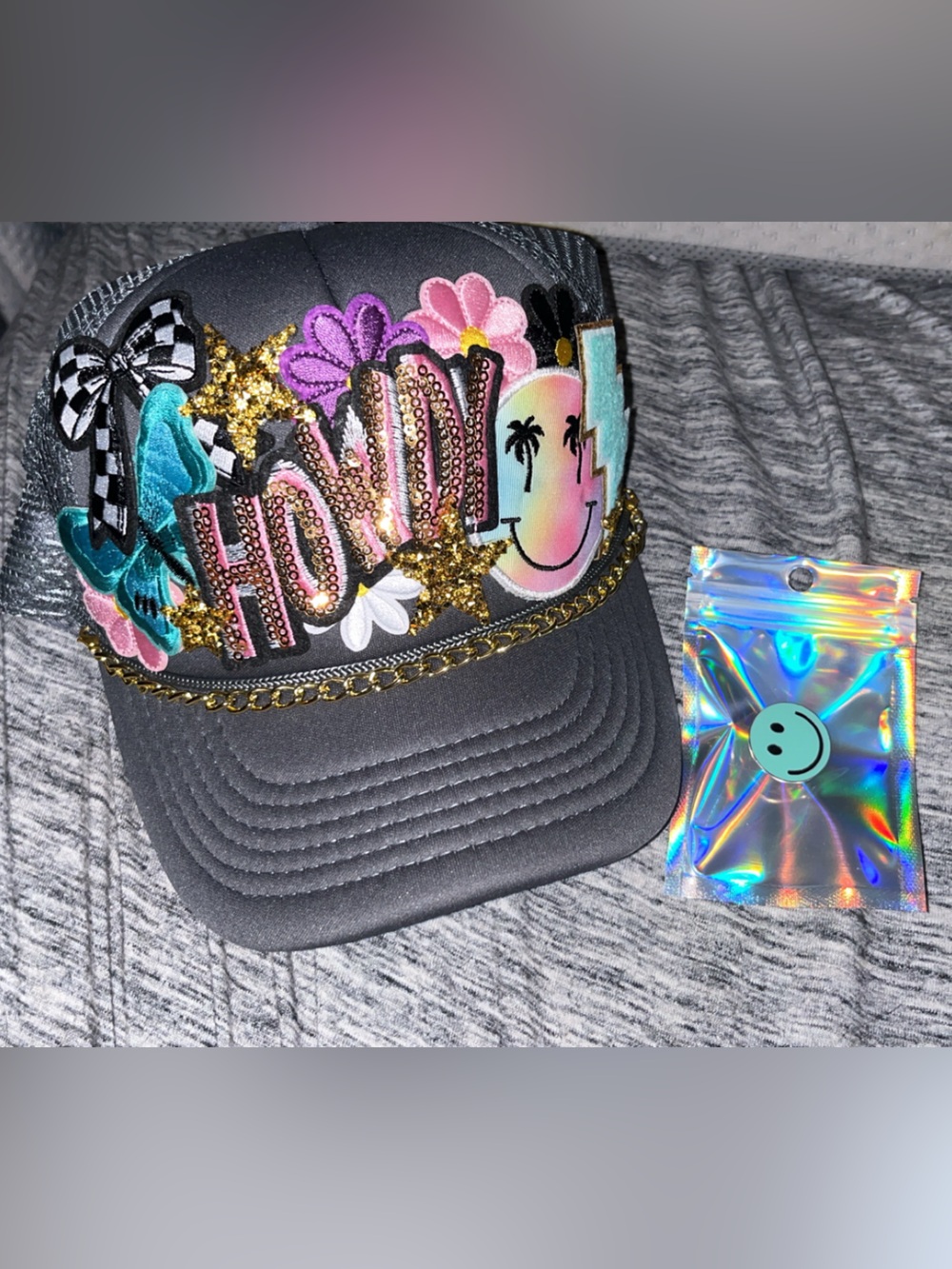 Women's grey Embellished Trucker Hat with Colorful Patches